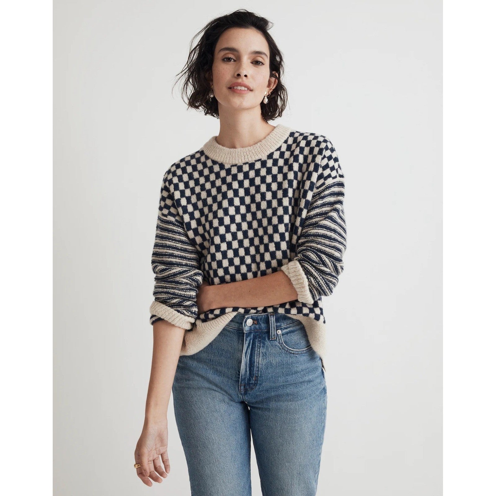 MADEWELL Crewneck Sweater Checked Stripe Classic Indigo Blue Ivory Knit Medium