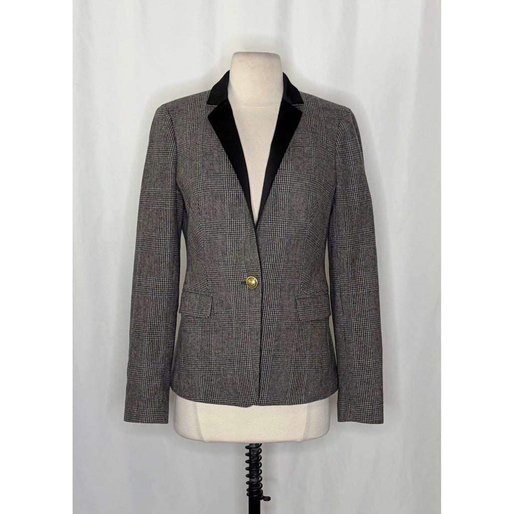 J. CREW Wool Regent Blazer Plaid Satin Lapels Houndstooth Black Gray Size 6