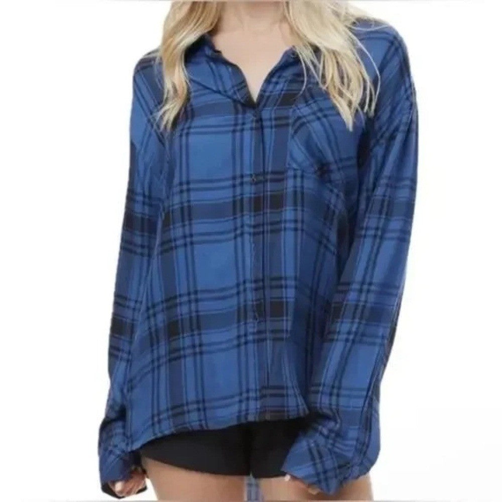 NWT!! WEWOREWHAT Boyfriend Shirt Plaid Navy Blue Collared Oversized Small Medium