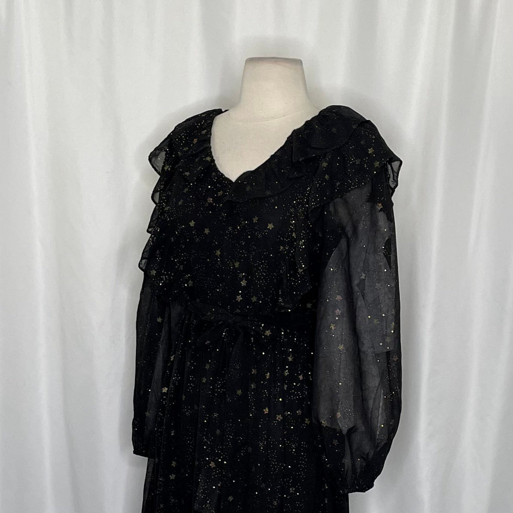 BY THE RIVER Chiffon Midi Dress Ruffled Black Gold Stars Party Glam Star Small