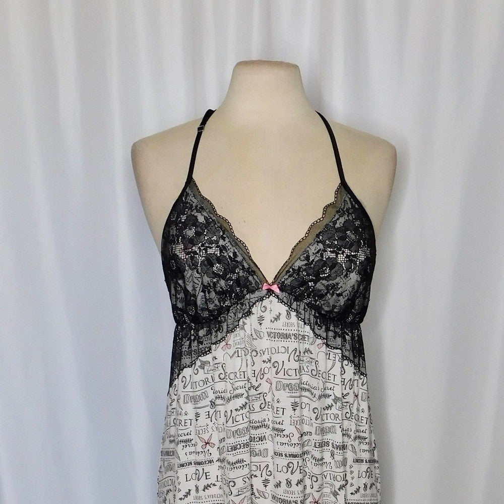 VICTORIA'S SECRET Black Floral Lace Script Print Chemise Gown Nightgown Large
