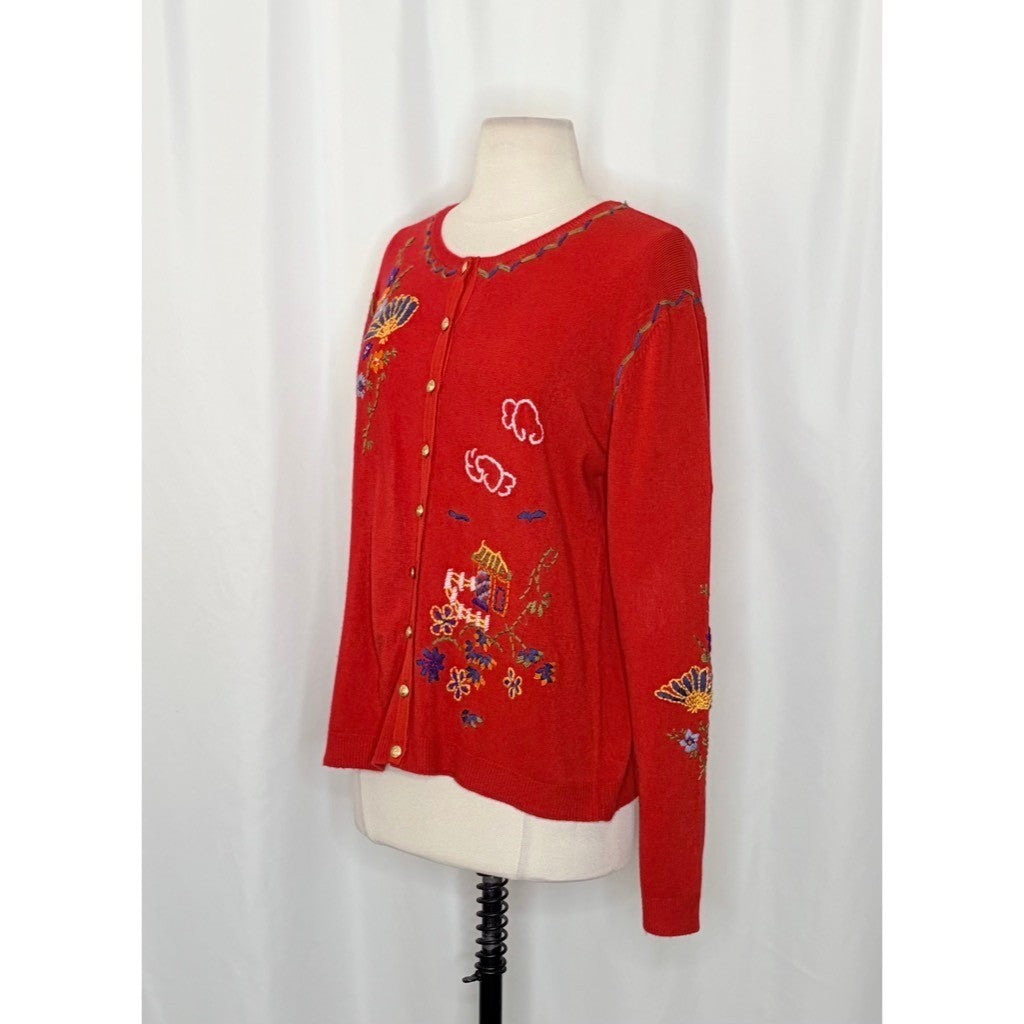 GW JEANS CO. Red Embroidered Asian Floral Cardigan Sweater Medium
