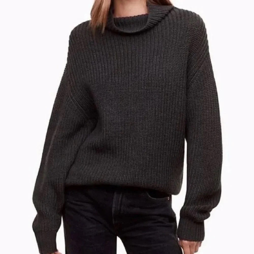 NEW!! Aritzia WILFRED Wool Shaker Knit Mock Neck Turtleneck Sweater Gray Small