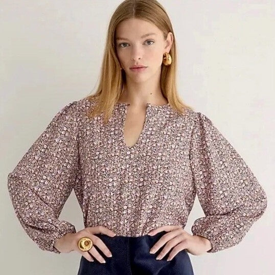 J. CREW Puff Sleeve Top Blouse Floral Flourish Crepe Cottagecore Prairie Small