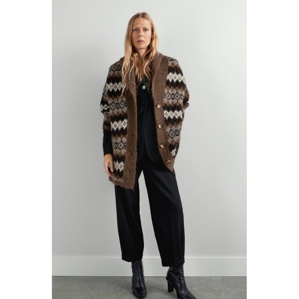 ZARA Fairisle Wool Mohair Cardigan Sweater Oversized Jacquard Knit Shawl Medium