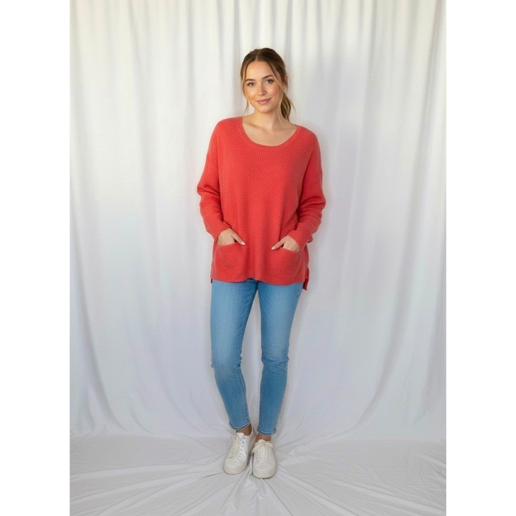 WHITE + WARREN Pink Cashmere Knit Pullover Sweater Pockets Solid Waffle Large