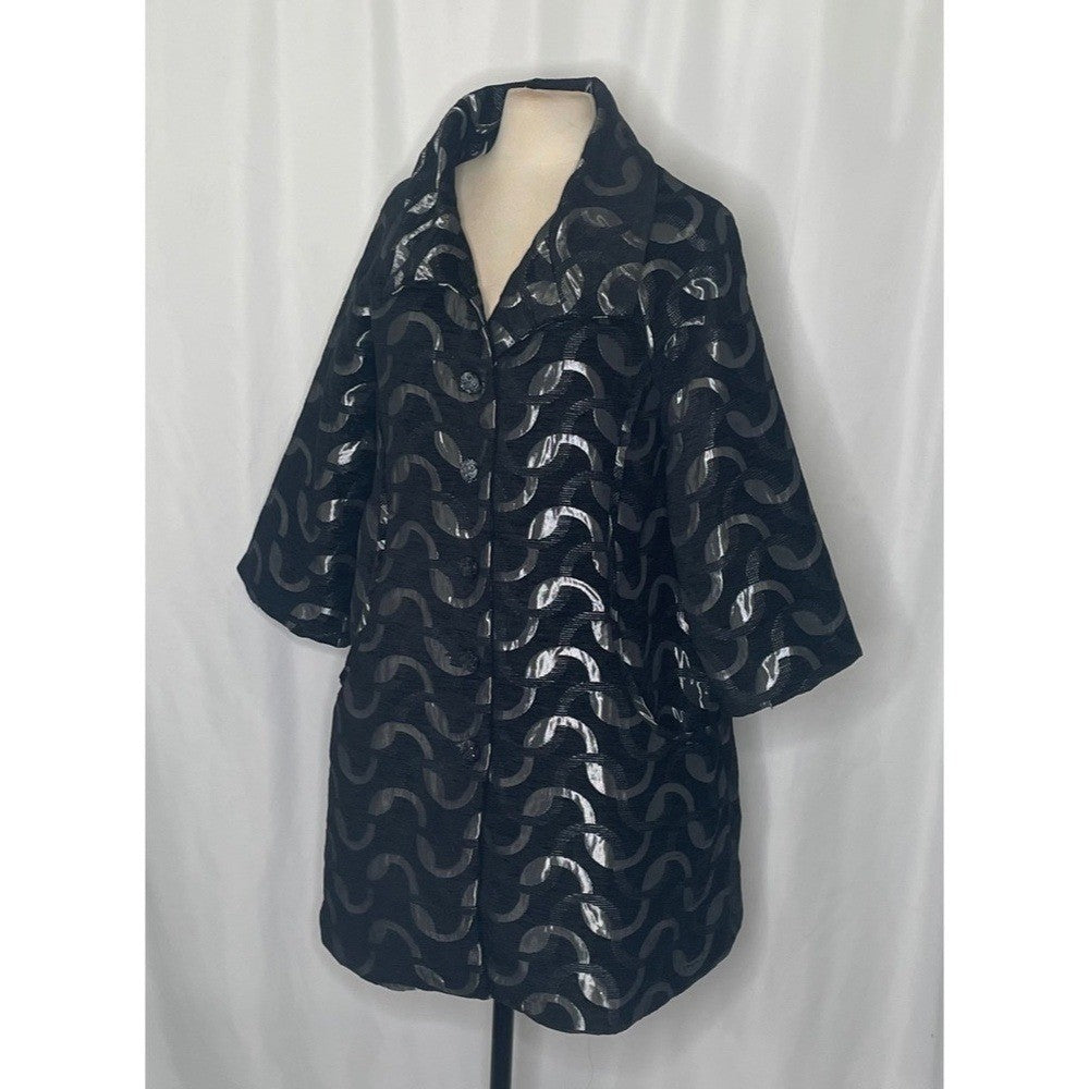 DESIGUAL Black Silver Jacquard Coat Pockets Embellished Buttons Chic 44 / Large