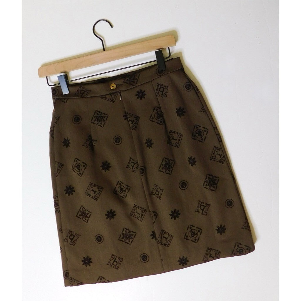 ROCCOBAROCCO Jeans Italian Brown Logo Print A-Line Skirt Flocked Office Size 8
