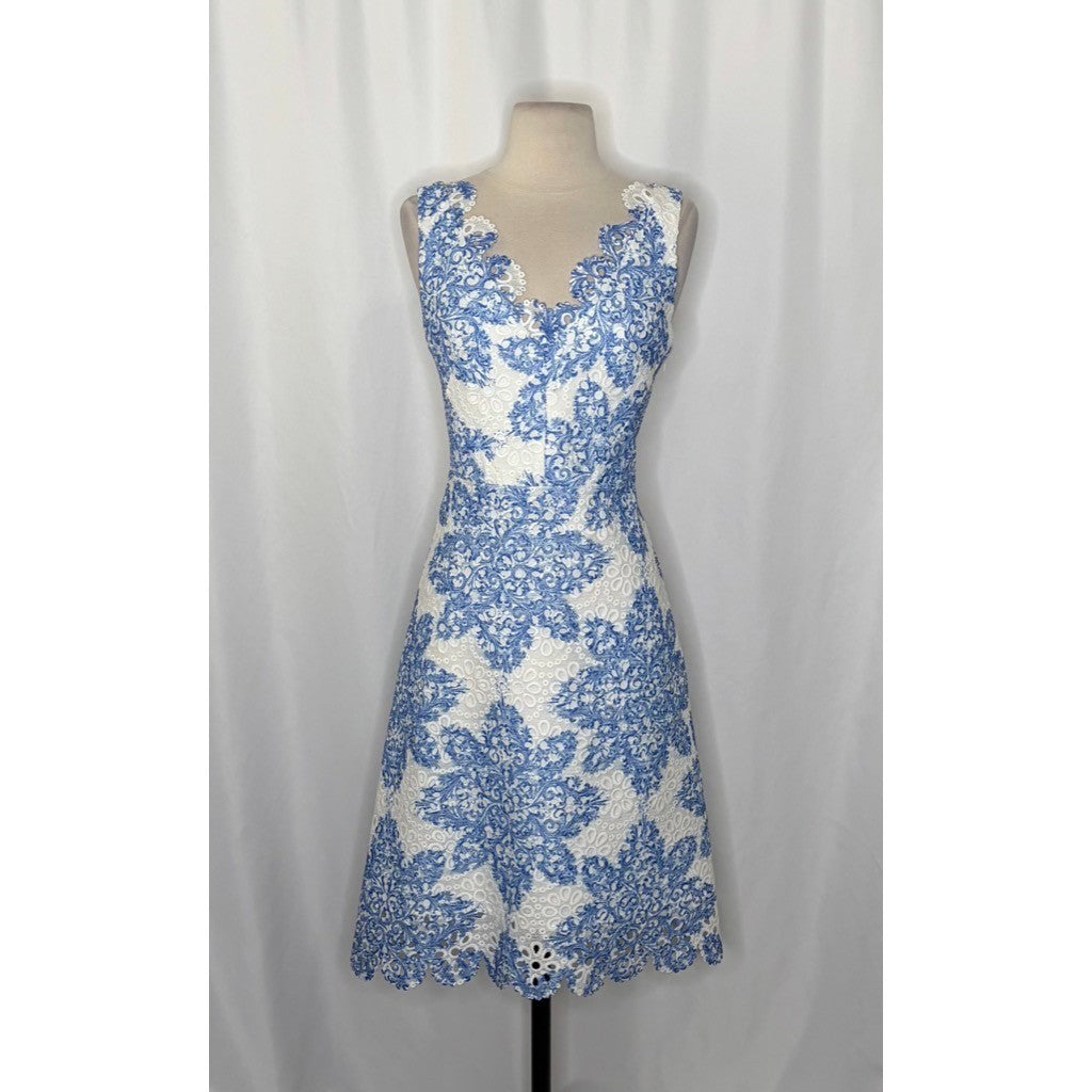 Anthropologie EVA FRANCO Starflower Scalloped Dress Blue White Lace Size 4
