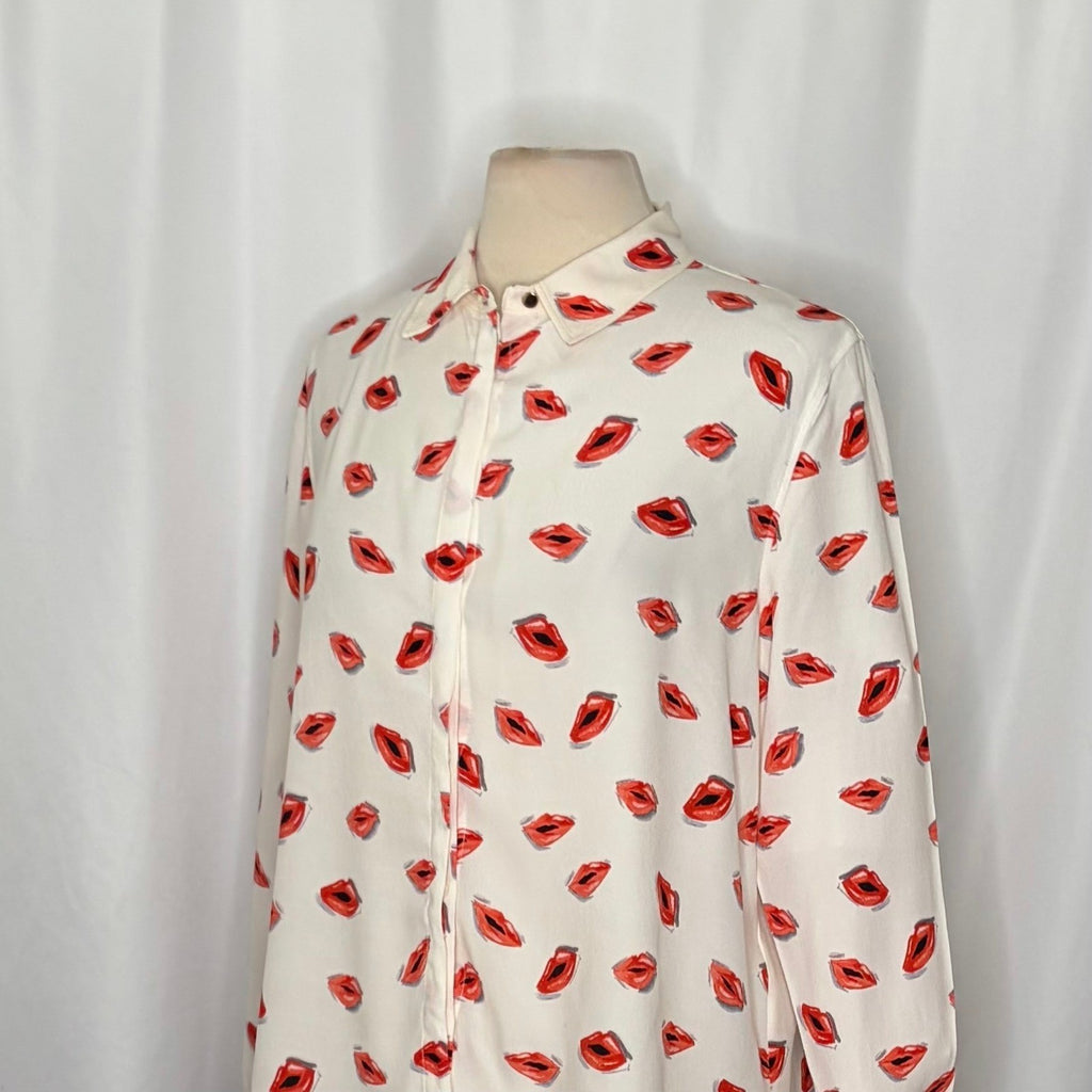ZARA ZW Collection White Pink Lips Print Buttondown Top Blouse Lipstick X-Large