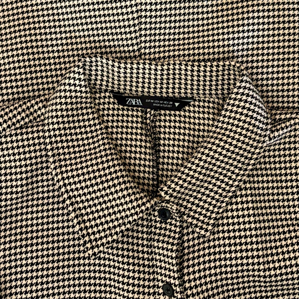 ZARA Houndstooth Black Tan Shirtdress Ruched Preppy Plaid Shirt Dress Medium