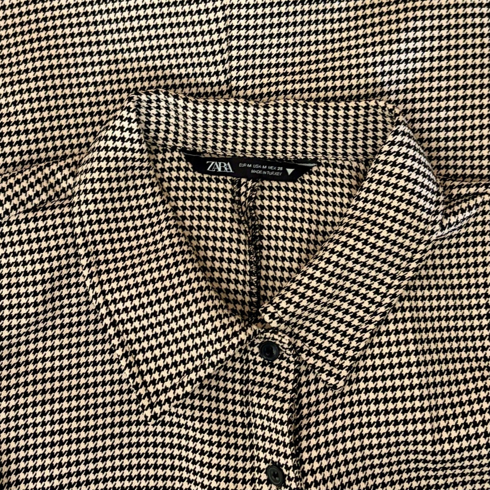 ZARA Houndstooth Black Tan Shirtdress Ruched Preppy Plaid Shirt Dress Medium