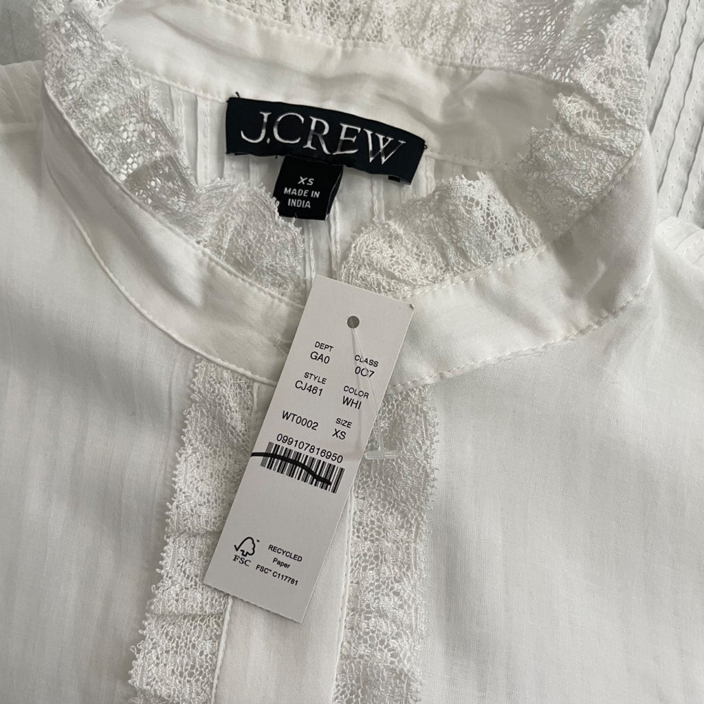 NWT!! J. CREW Lace Trim Cinched-Waist Cotton Voile White Top Blouse X-Small