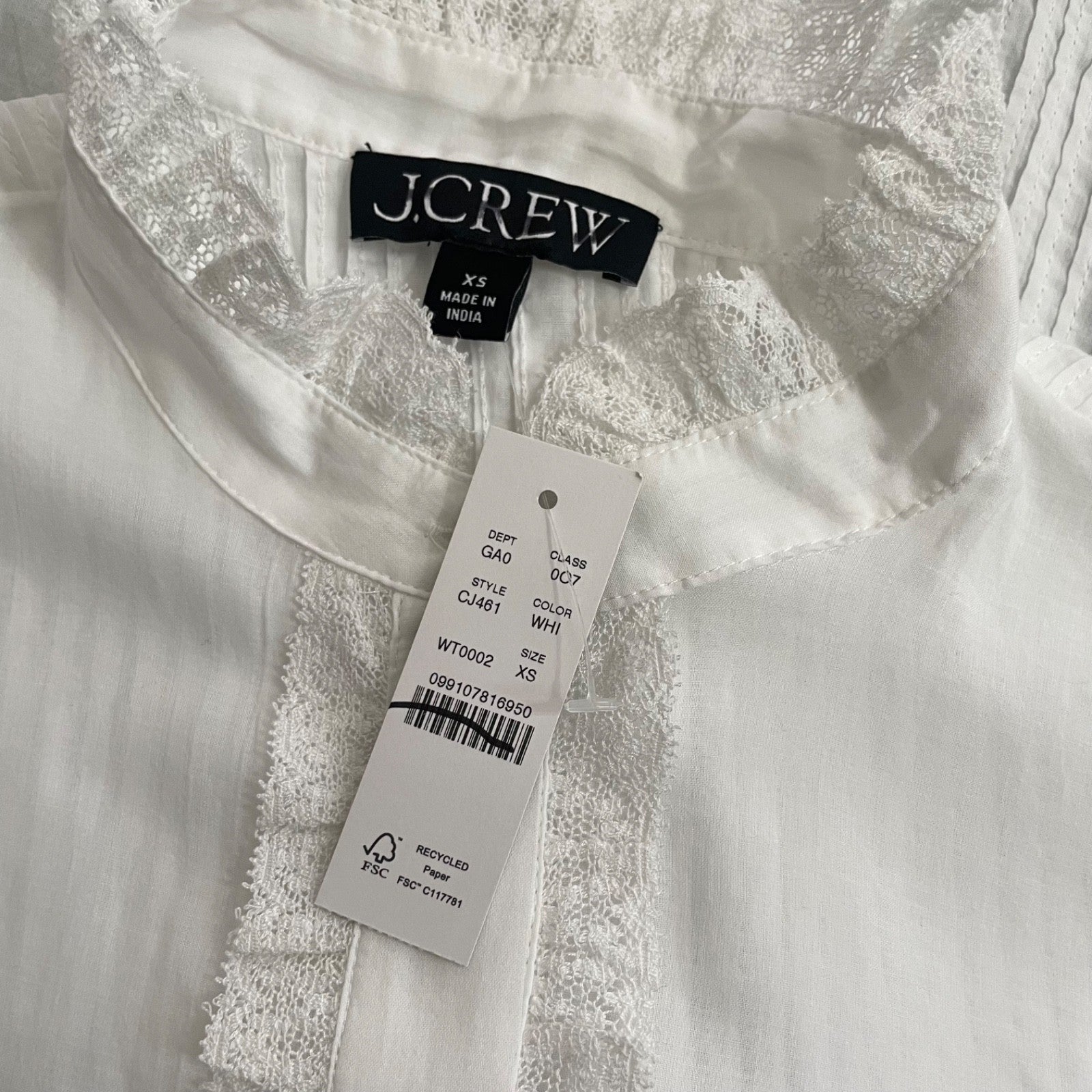 NWT!! J. CREW Lace Trim Cinched-Waist Cotton Voile White Top Blouse X-Small
