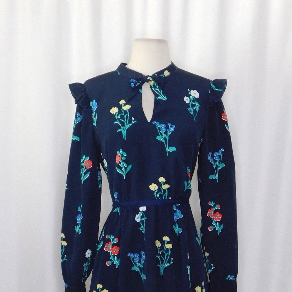 DRAPER JAMES Tisdale Navy Blue Floral Dress Tie Neck Ruffle Shoulders Size 8