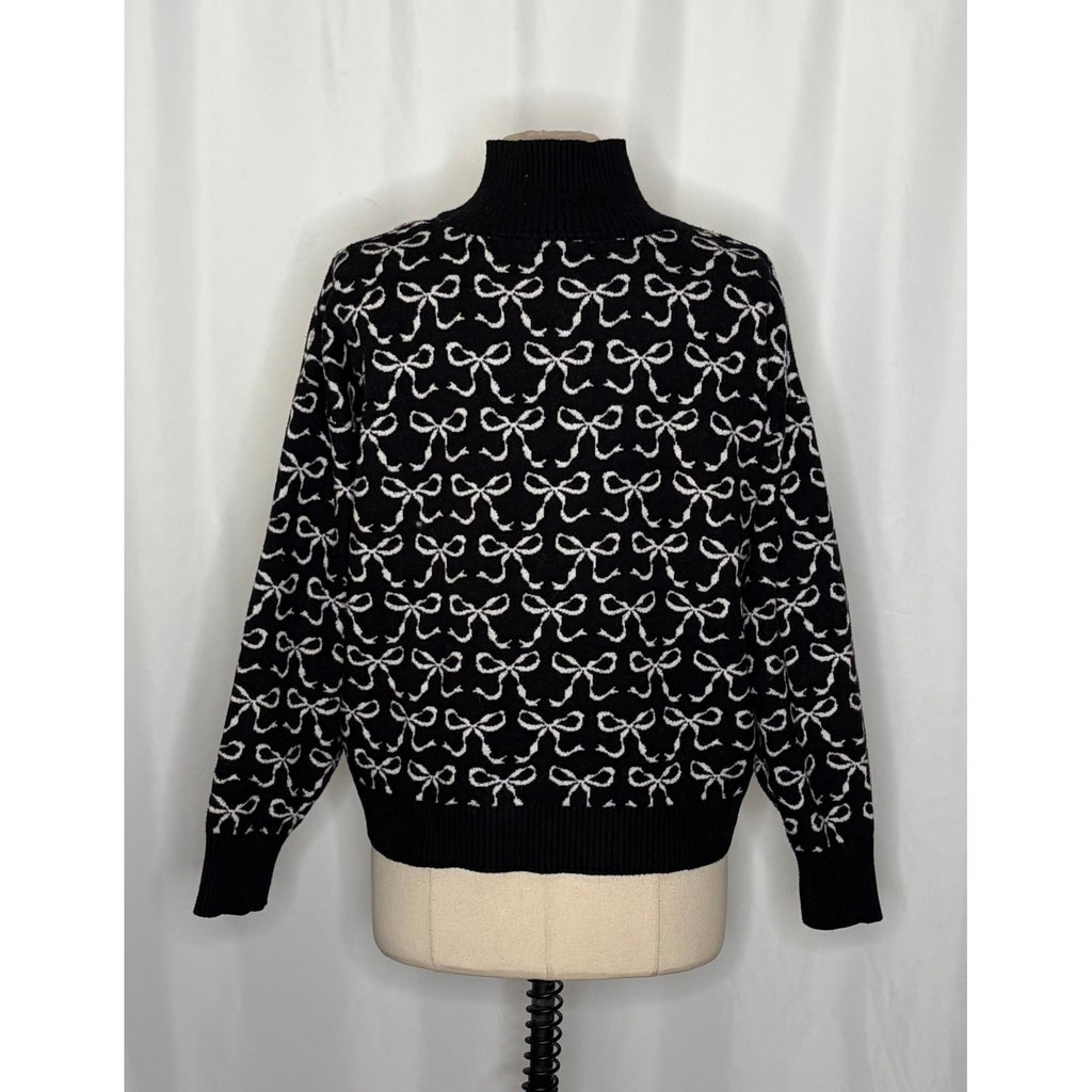 Anthropologie MAEVE Montana Bow Print Sweater Knit Mock Neck Half Zip Large