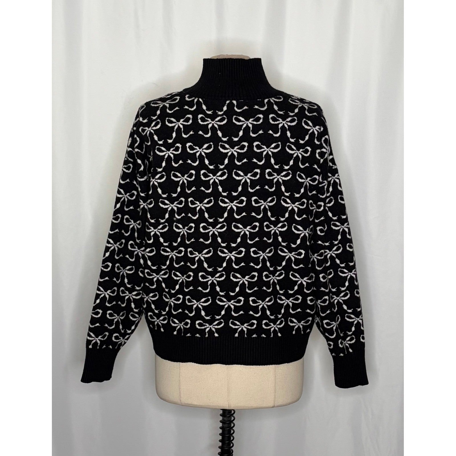 Anthropologie MAEVE Montana Bow Print Sweater Knit Mock Neck Half Zip Large
