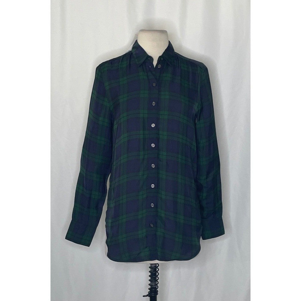 NWT!! J. CREW Drapey Button-Up Shirt Black Watch Tartan Plaid XXS XX-Small