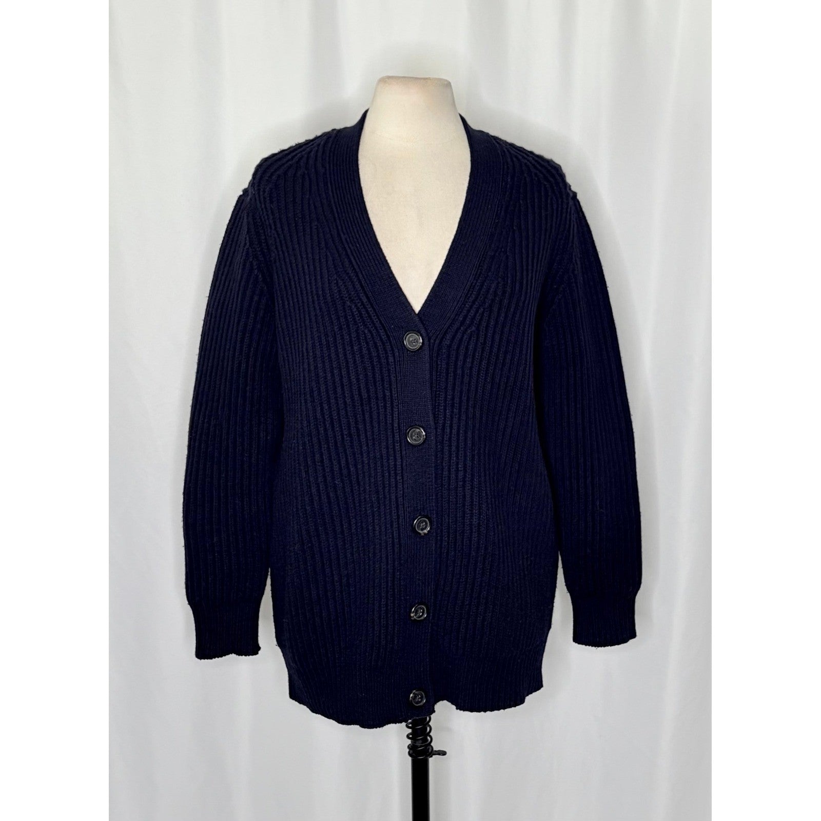 J. CREW Wool Navy Blue Cardigan Sweater Solid Ribbed Knit Preppy Academia Large
