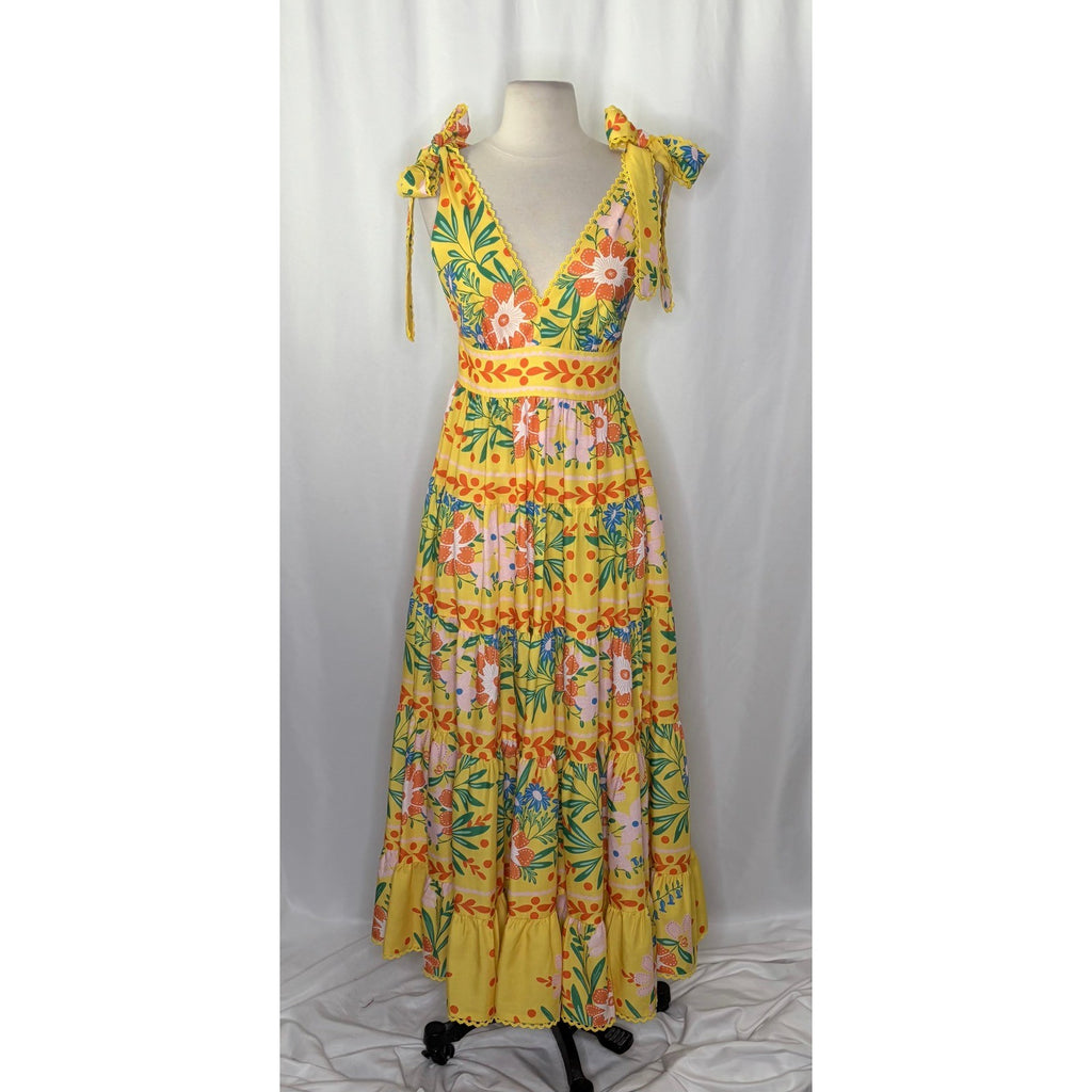 NWT!! CHELSEA & VIOLET Cecily Maxi Dress Yellow Floral Vacation Tiered X-Small