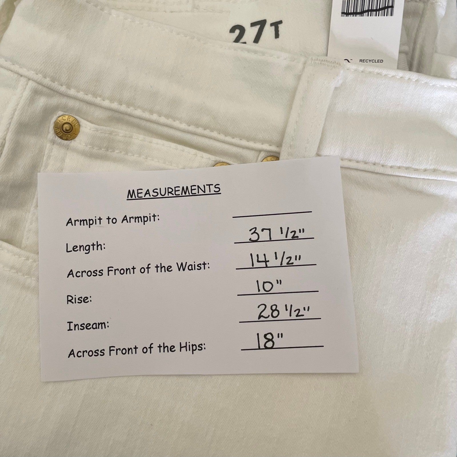 NWT!! J. CREW Mid Rise Kickout Jeans Denim White Stretch Solid Cropped 27 Tall