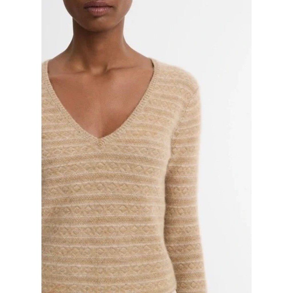 VINCE Cashmere Fair Isle V Neck Sweater Sandshell Combo Preppy Pullover Medium