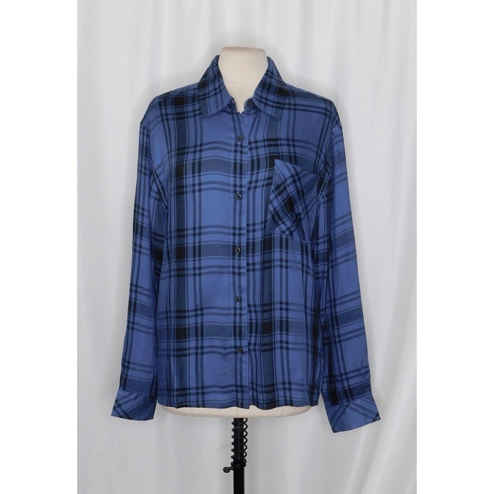 NWT!! WEWOREWHAT Boyfriend Shirt Plaid Navy Blue Collared Oversized Small Medium
