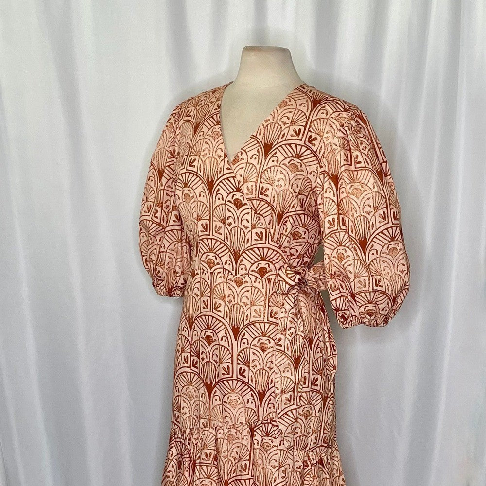 NWT!! Anthropologie HUTCH V-Neck Tiered Wrap Dress Geometric Blockprint Large