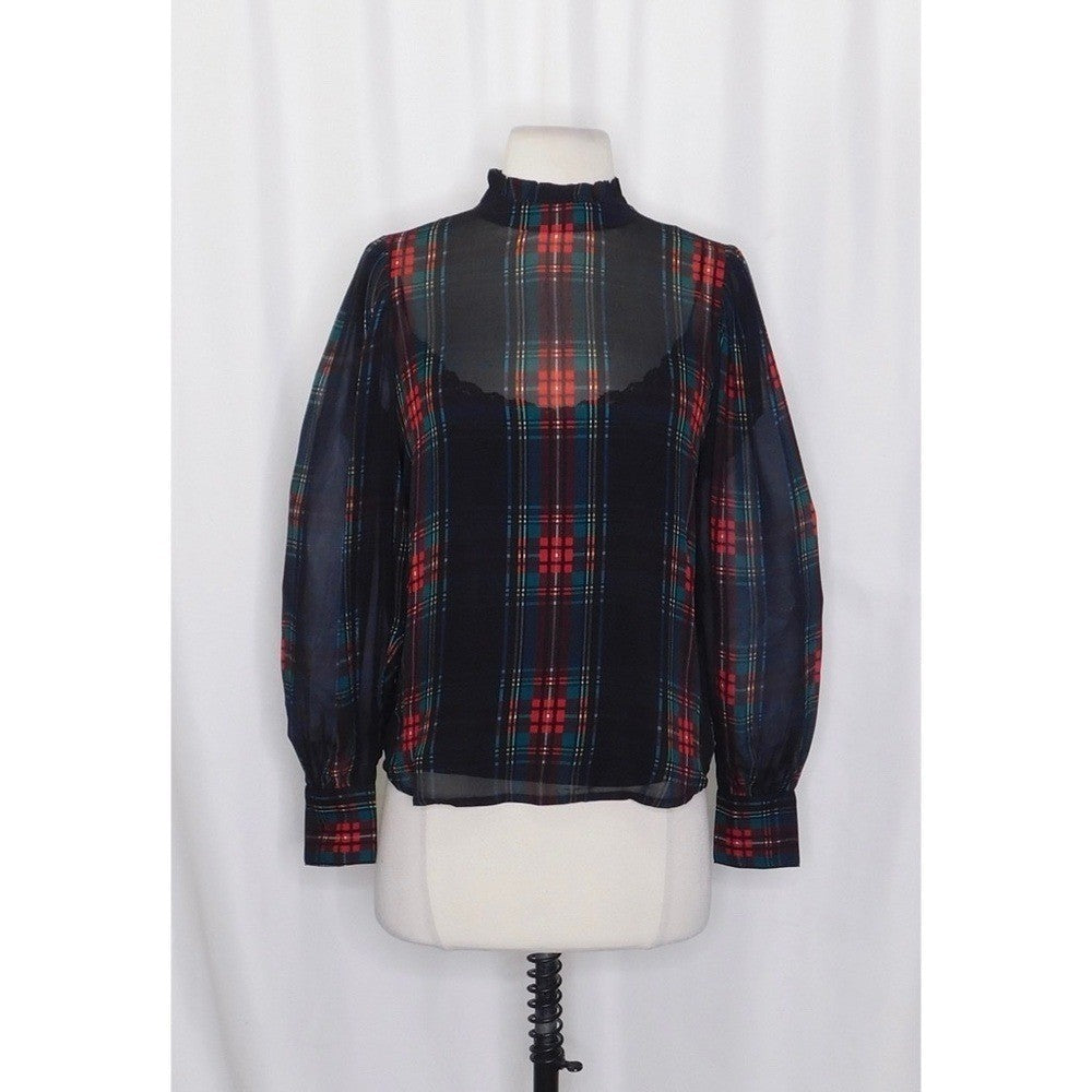 NWT! J. CREW Ruffleneck Top Stewart Tartan Plaid Chiffon Festive Preppy XX-Small