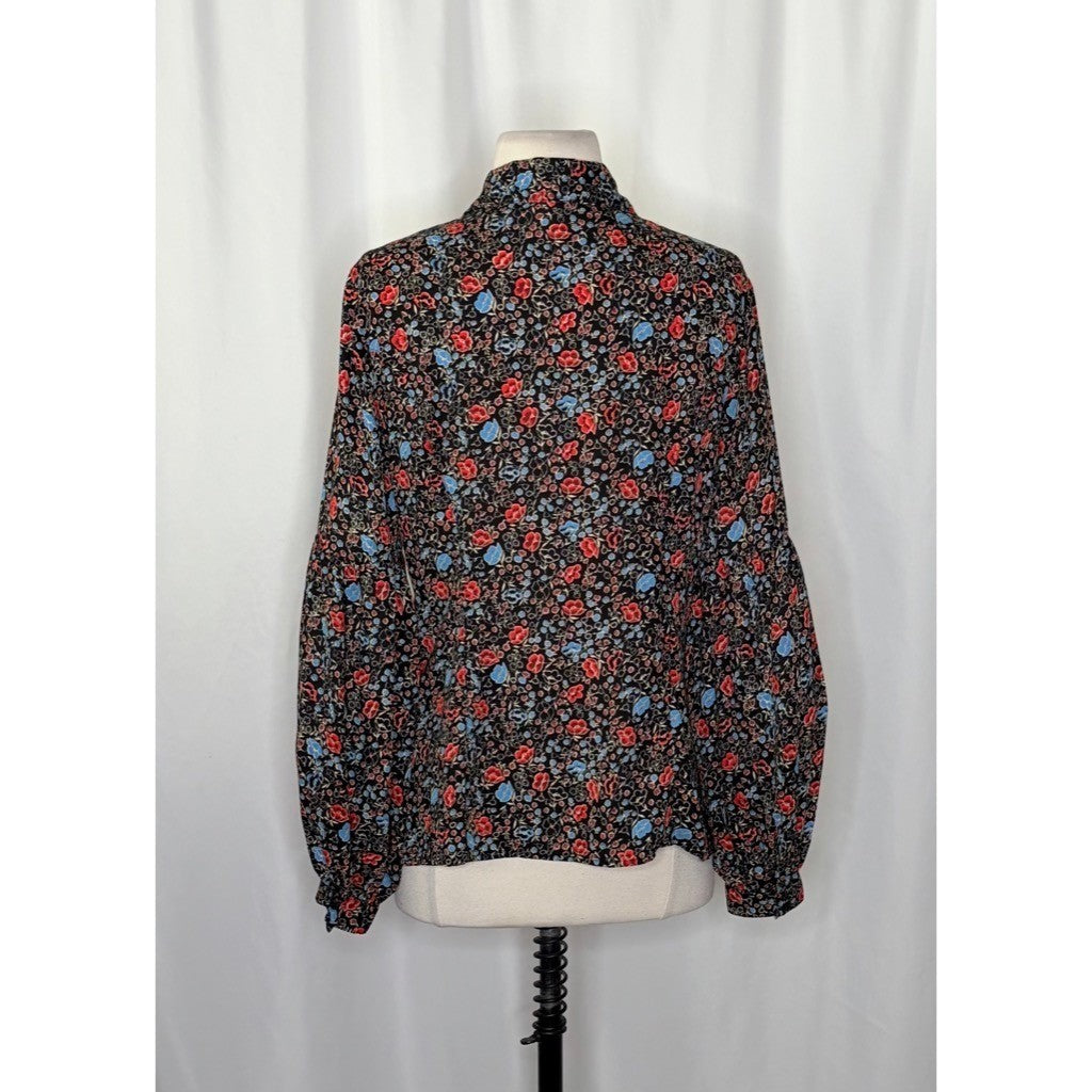 FREE PEOPLE Black Floral Ruffled Poet Top Blouse Buttondown Bohemian Medium