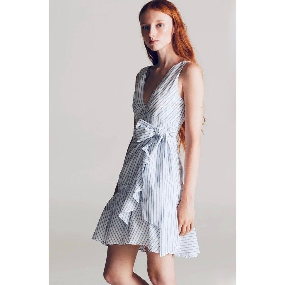 REBECCA TAYLOR Sleeveless Stripe Linen Wrap Dress Ruffle White Milk Blue Sky 4