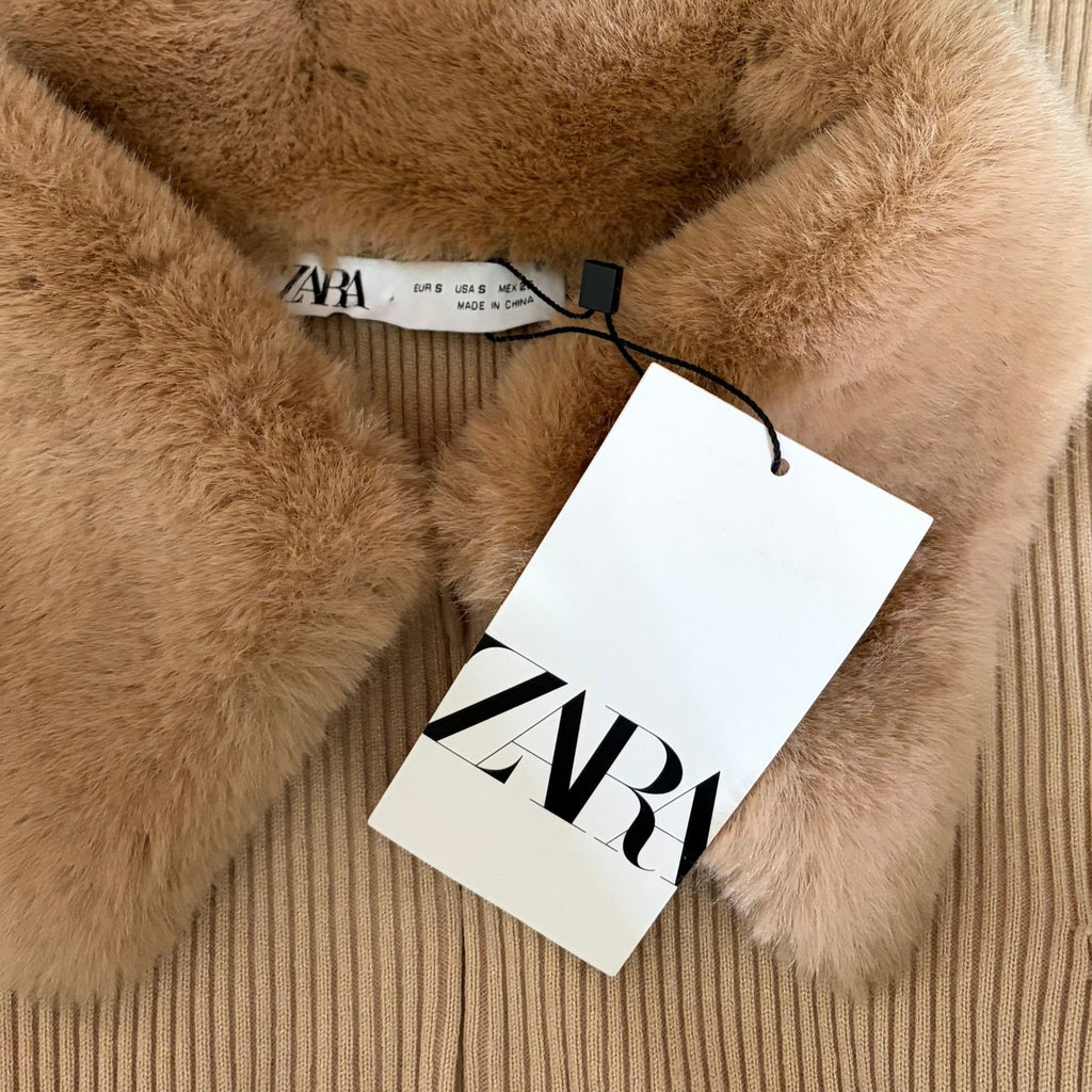 NWT!! ZARA Faux Fur Lapel Knit Sweater Tan Light Brown Zipper Pullover Small