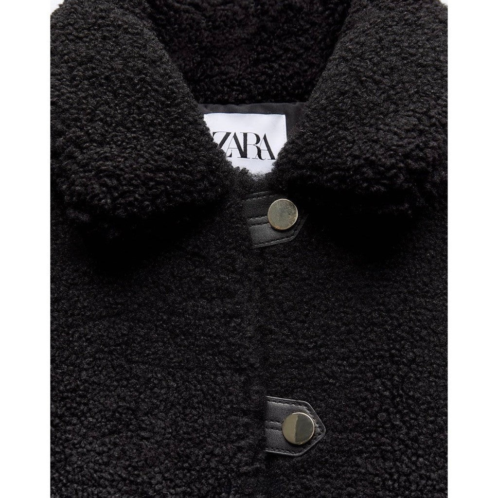 ZARA Black Sherpa Fuzzy Fleece Teddy Coat Faux Shearling Snaps Pockets Small