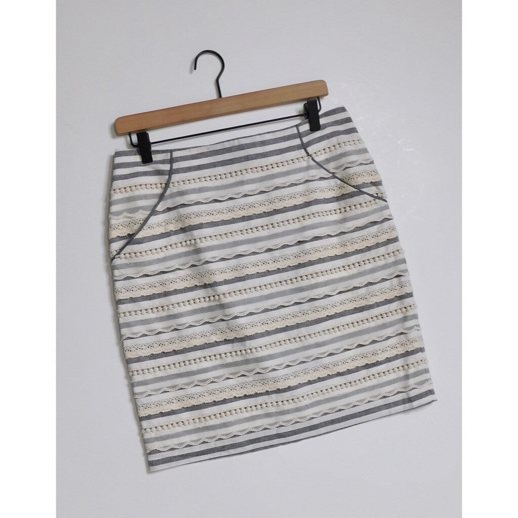 Anthropologie TABITHA Sailing Lace Pencil Skirt Striped Crochet Lace Scallops 6