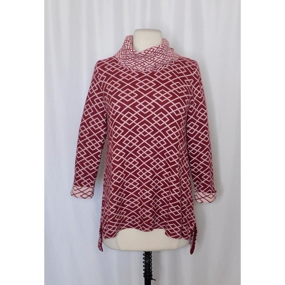 Anthropologie MOTH Galena Cowl Neck Sweater Maroon Pink Jacquard Geometric Small