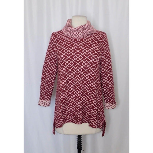 Anthropologie MOTH Galena Cowl Neck Sweater Maroon Pink Jacquard Geometric Small