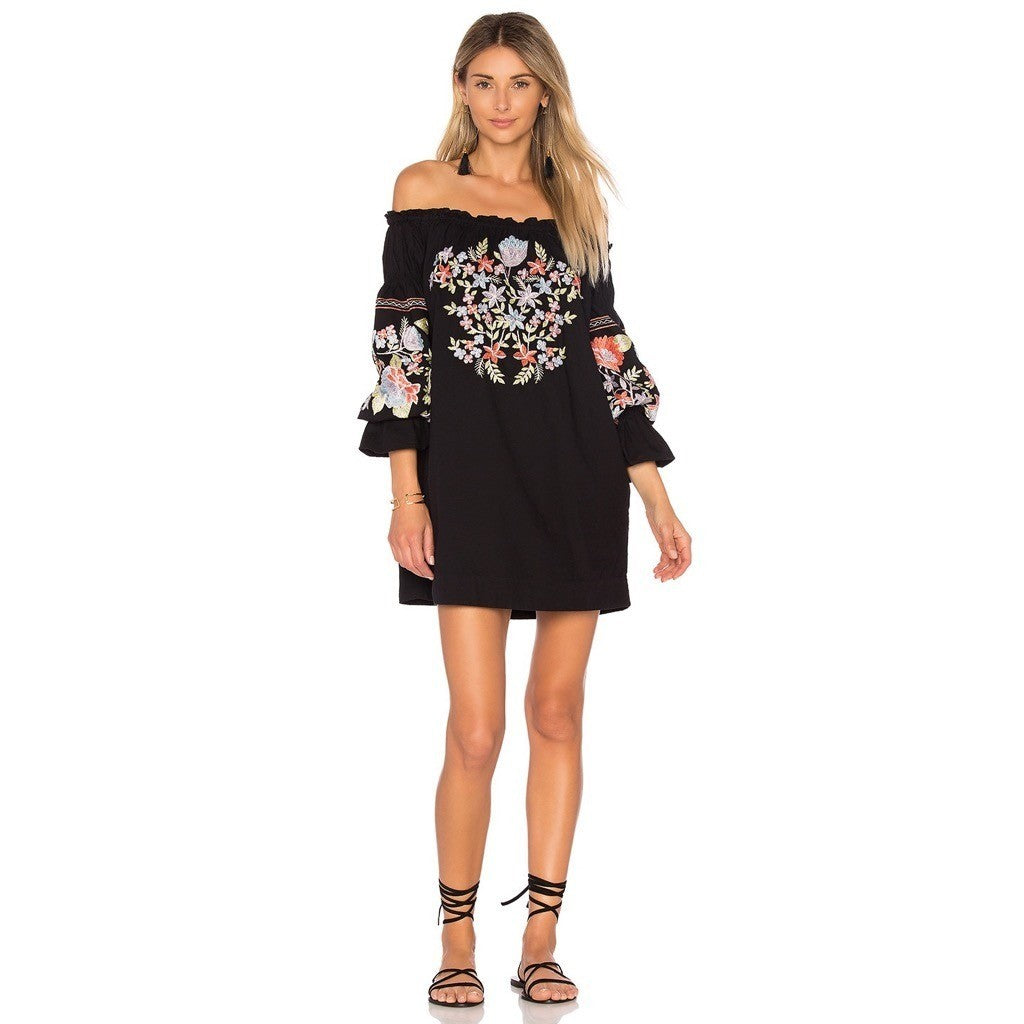 FREE PEOPLE Fleur Du Jour Mini Dress Black Floral Embroidered Off Shoulder Small