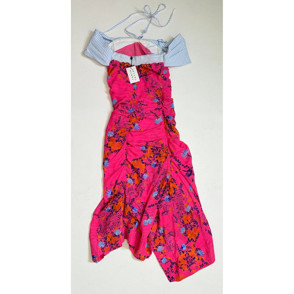 NWT!! TANYA TAYLOR Silk Virginia Dress Falling Floral Pink Striped Halter Size 0