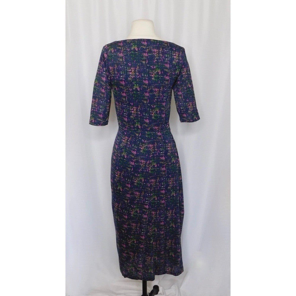 BODEN Drape Neck Pleated Ruched Midi Dress Abstract Print Knit Pleats 4L 4 Tall