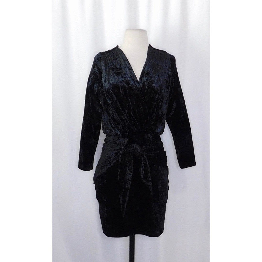 MISA Los Angeles Ophelie Black Crushed Velvet Tie Front Mini Dress Stretch Small