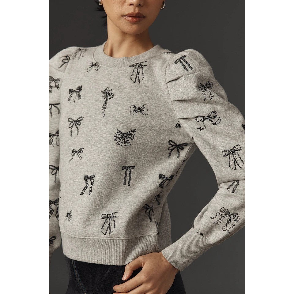Anthropologie MAEVE Puff Sleeve Embroidered Bow Pattern Sweatshirt Top Small