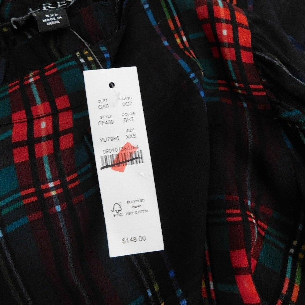 NWT! J. CREW Ruffleneck Top Stewart Tartan Plaid Chiffon Festive Preppy XX-Small
