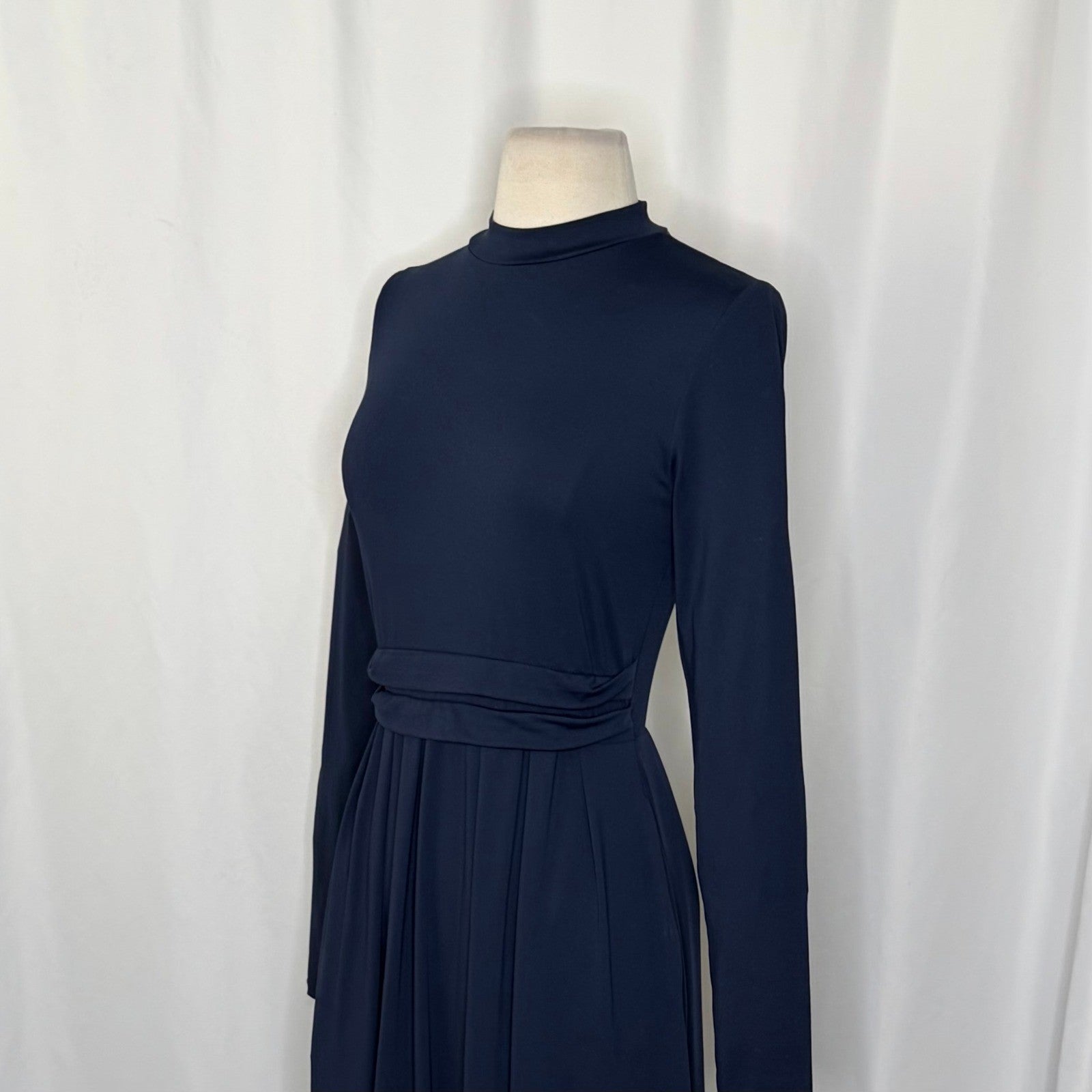 HALARA Navy Blue Mock Neck Long Sleeve Pocket Flare Maxi Casual Dress Knit XS
