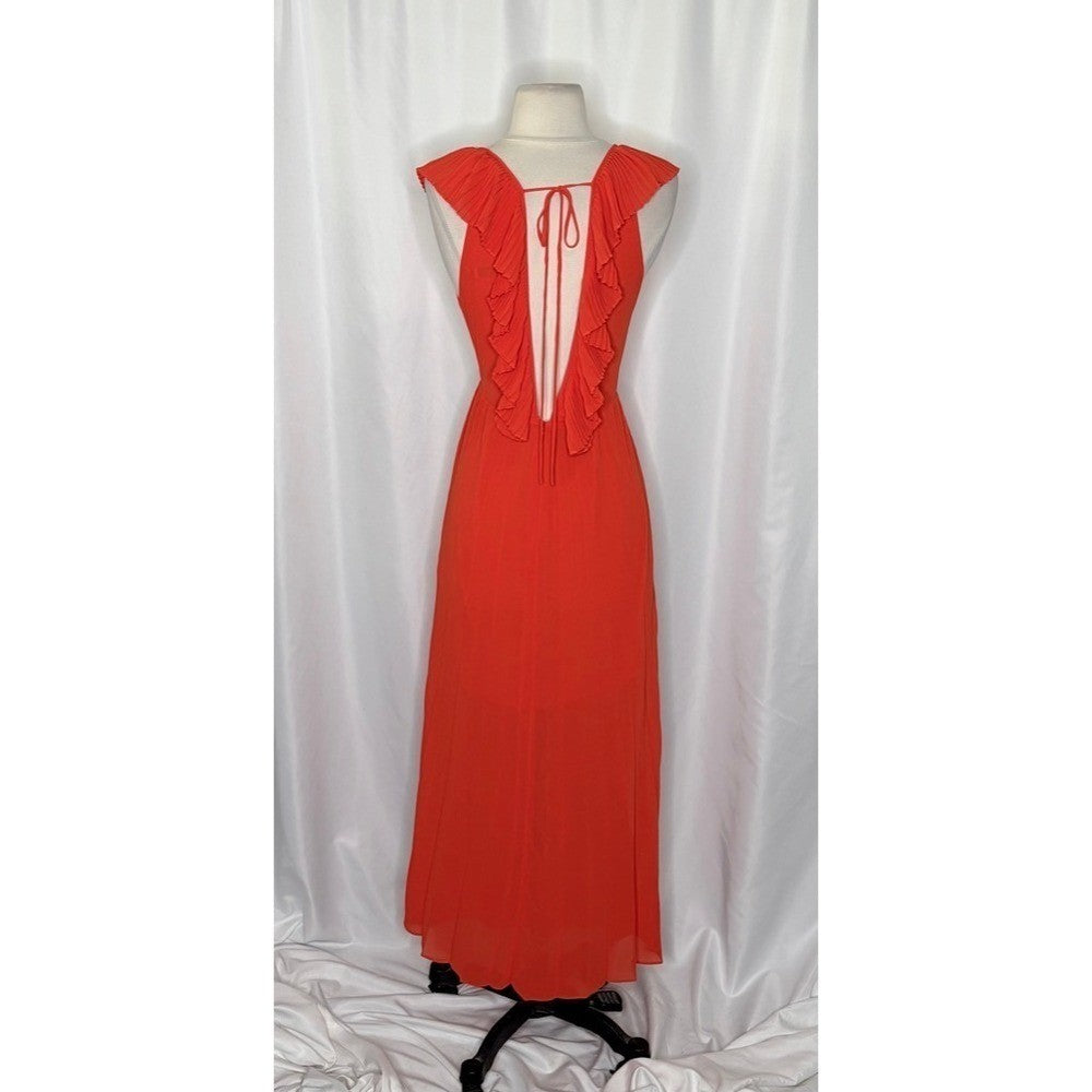 ZARA Pleated Ruffled Red Maxi Dress Plunge V Neckline Valentine 2731/060 Medium