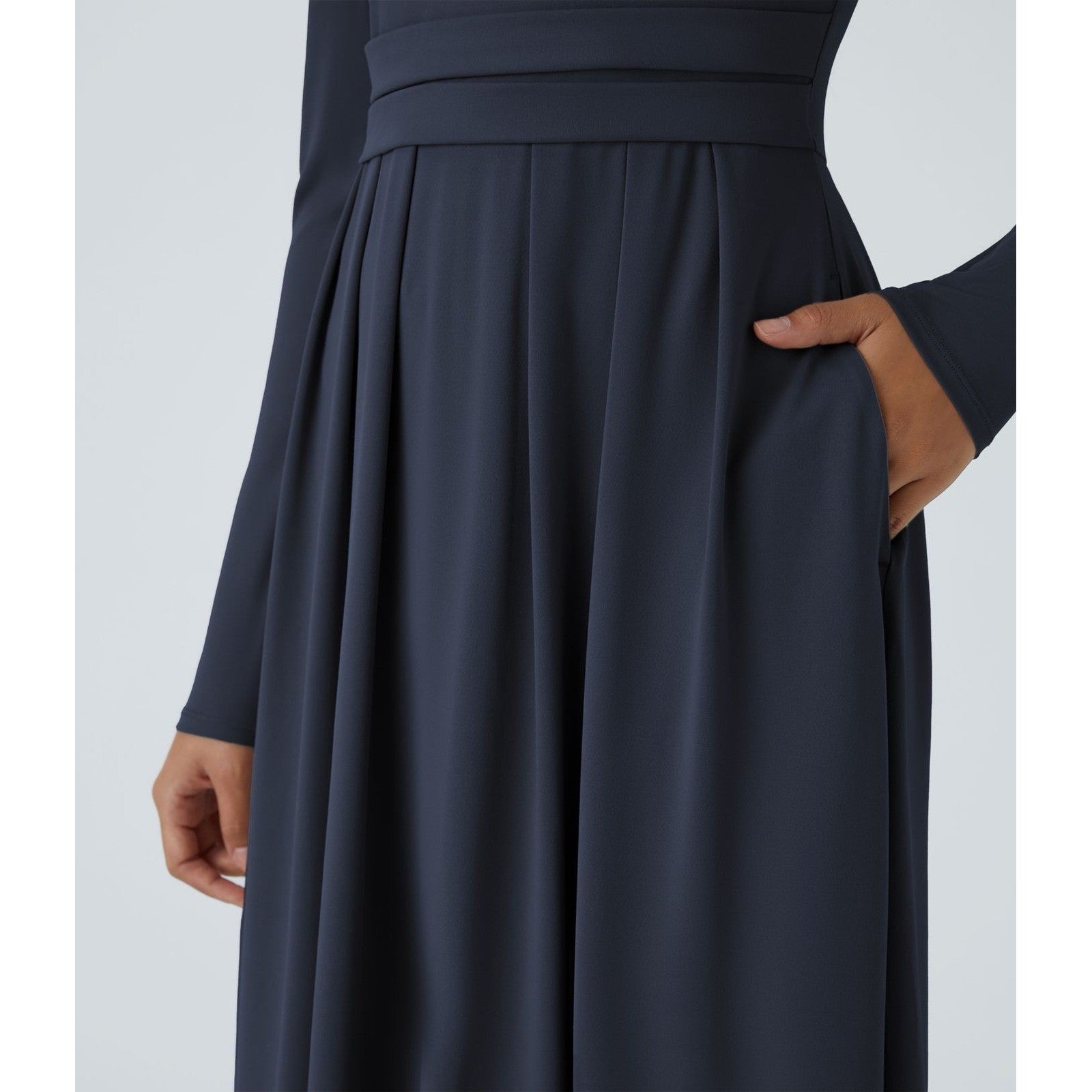 HALARA Navy Blue Mock Neck Long Sleeve Pocket Flare Maxi Casual Dress Knit XS
