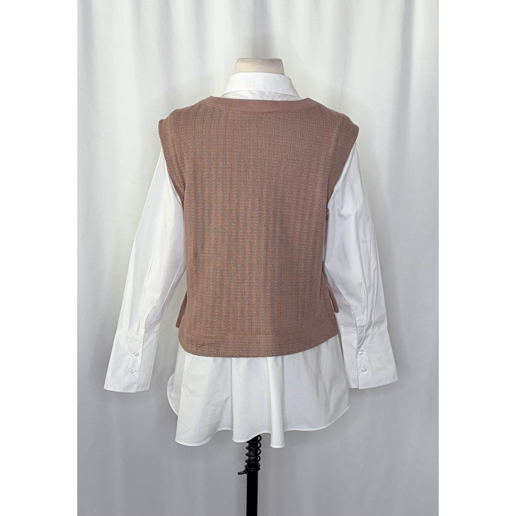 By ANTHROPOLOGIE Twofer Sweater Vest Shirt Blouse Layered Brown White X-Small