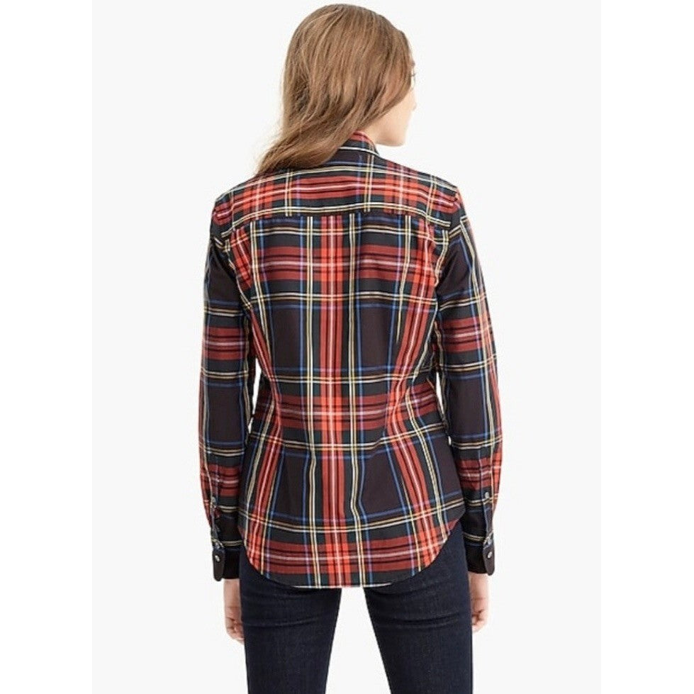 J. CREW Slim Stretch Perfect Shirt Top Black Stewart Tartan Plaid Buttons Size 4