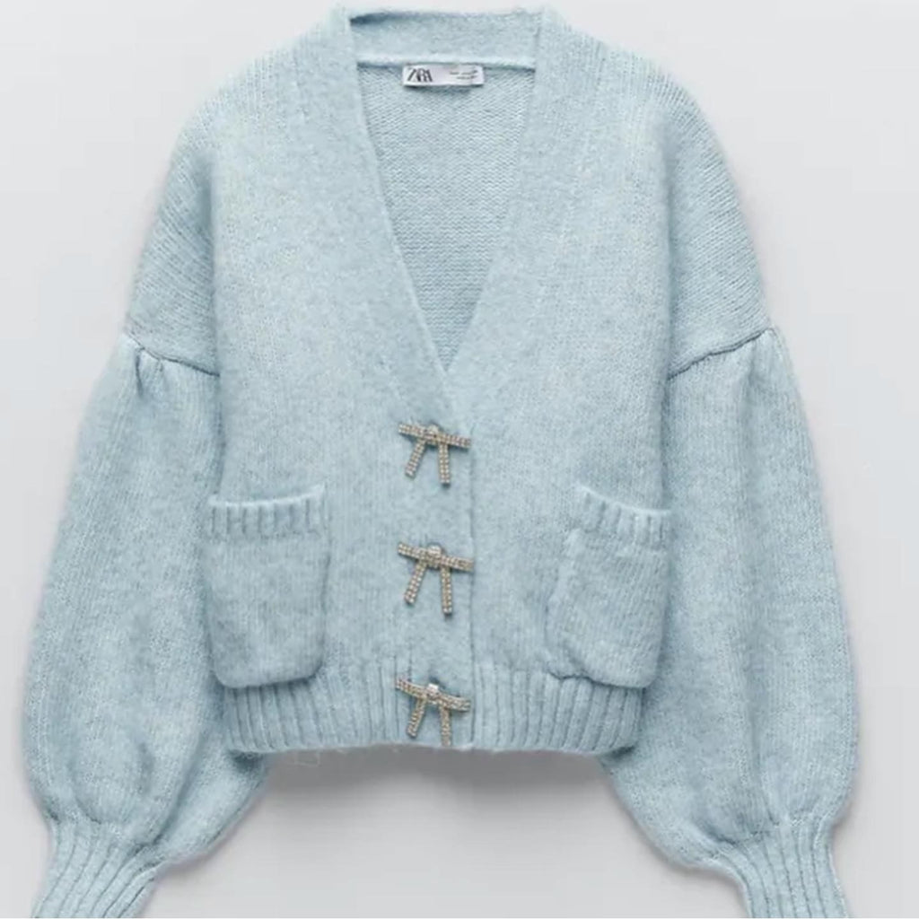 ZARA Jewel Bow Cardigan Sweater Baby Blue Coquette Blogger Favorite Preppy Small