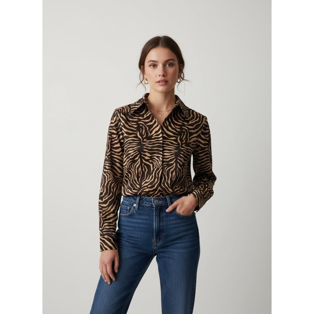 ETCETERA Stretch Silk Buttondown Shirt Blouse Animal Print Brown Tan Size 2