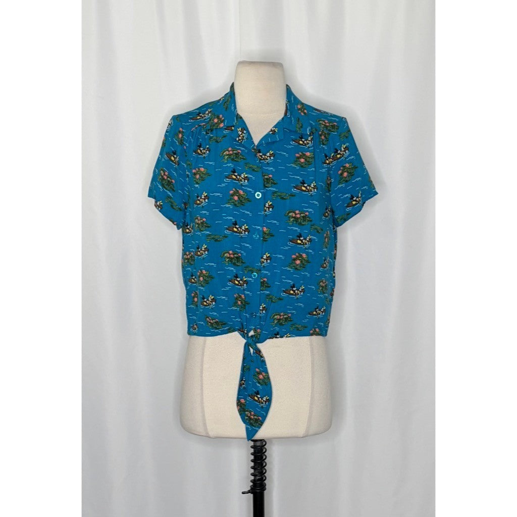 DISNEY Mickey Mouse Minnie Mouse Cropped Tie Waist Buttondown Shirt Blue Small